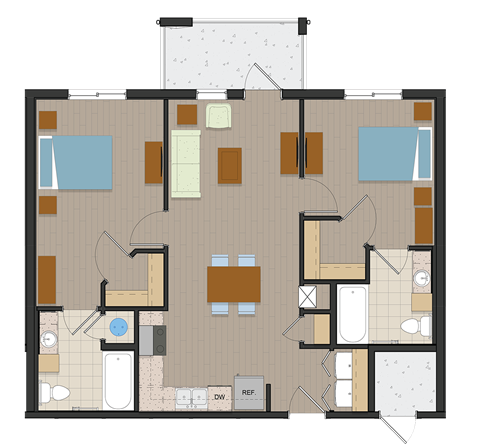 Floor plan for 2 beds, 2 baths, 915 sqft